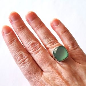 Aqua Faceted Glass Silver Ring Size 7